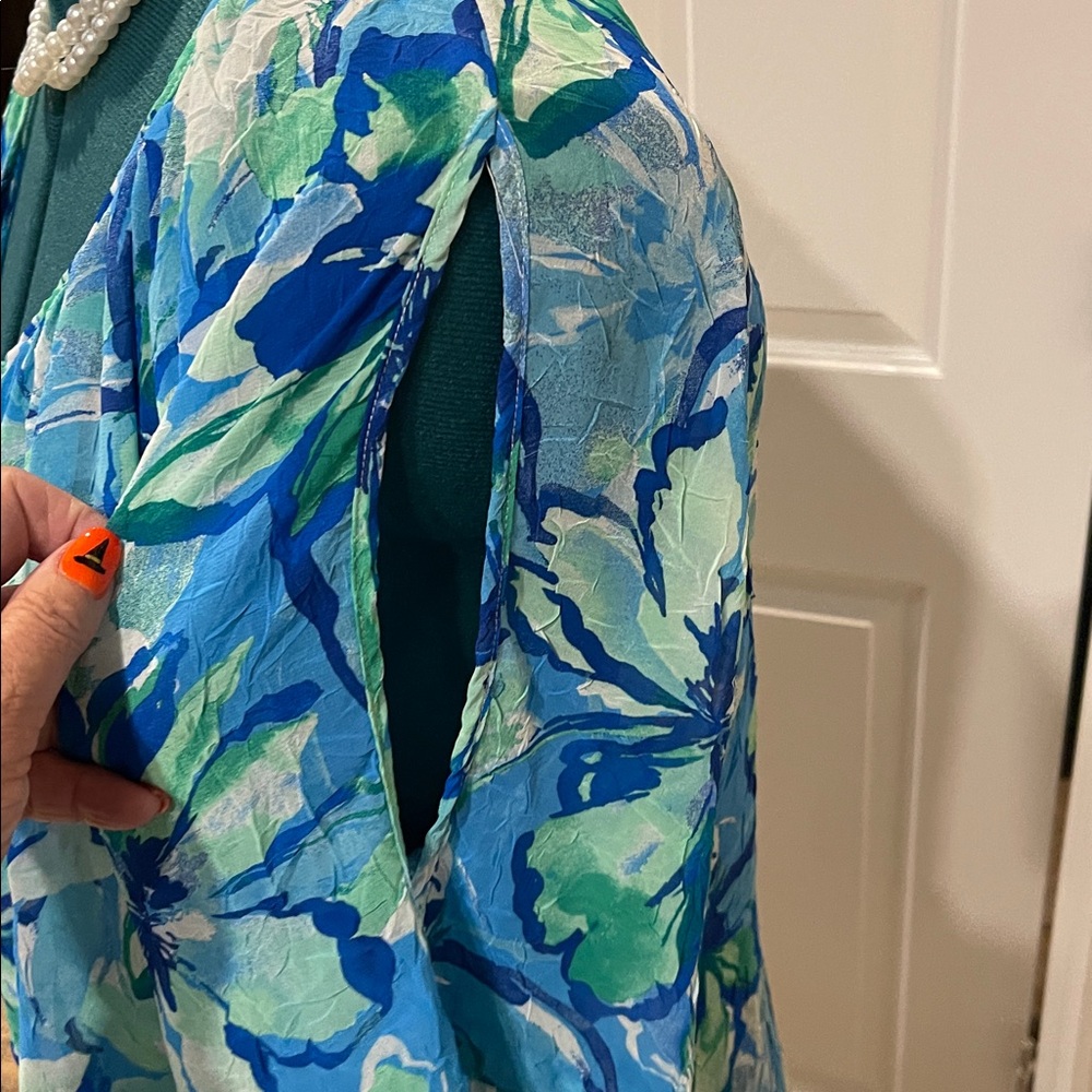 Vibrant Floral Women's Blouse in Blue and Green 2X Cold shoulder Flutter sleeve - Picture 11 of 11